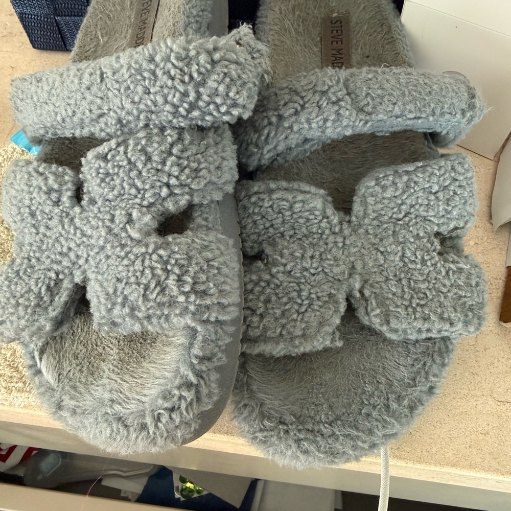 Steve Madden Gray Plush Double-Strap Shearling Slides